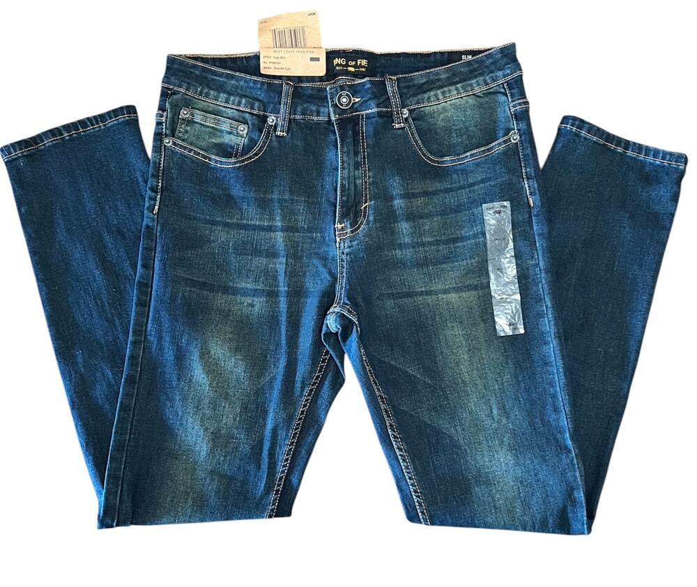 Ring of Fire Men’s Rust Dark Blue Wash Slim Edge Jeans 34x30